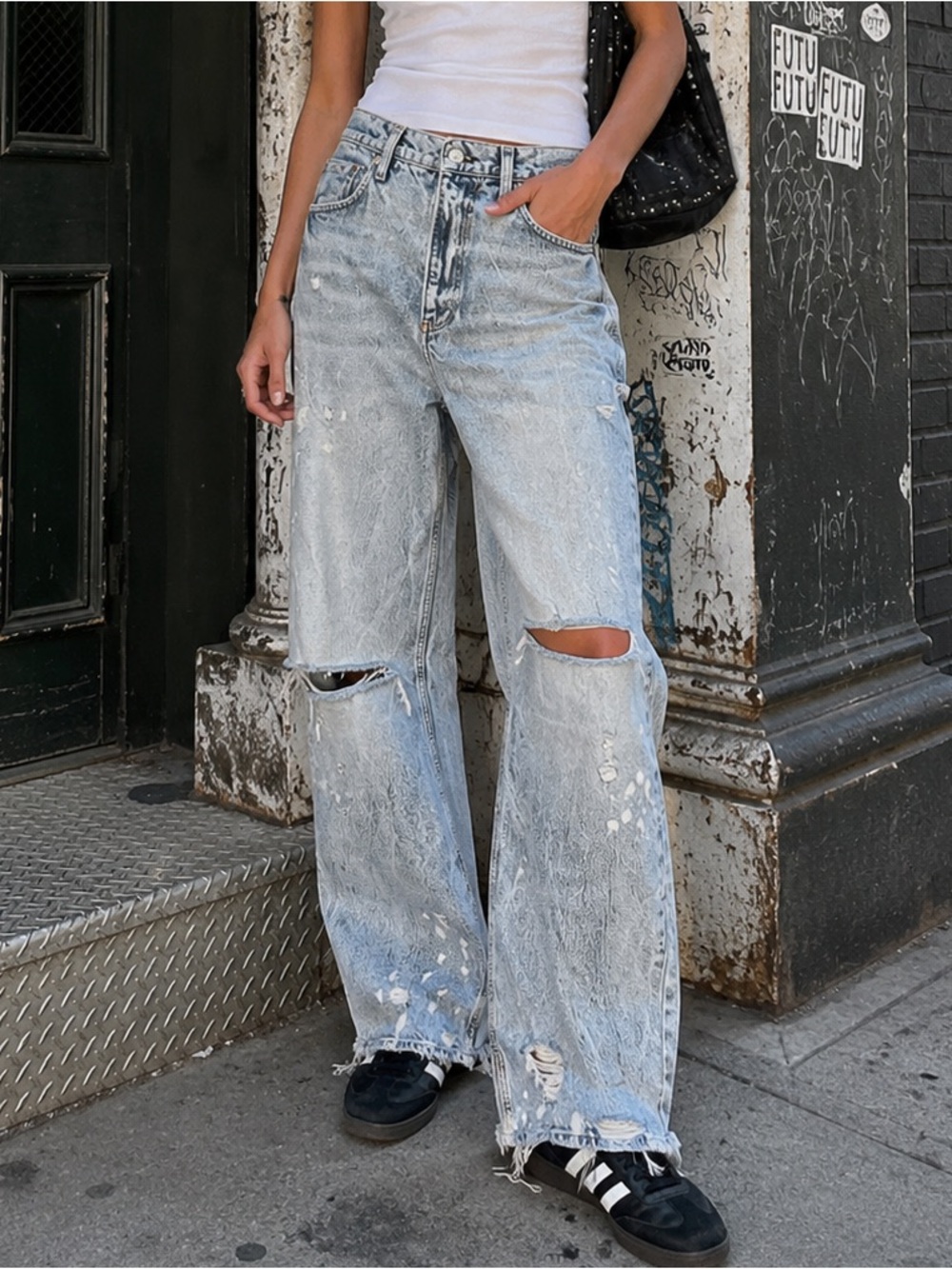 We The Free Light Blue Distressed Wide-Leg Jeans